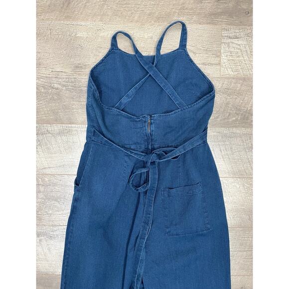 Marine Layer | Tess Mid Indigo Crisscross Back Wide Leg Cropped Midi Jumpsuit - Picture 5 of 11